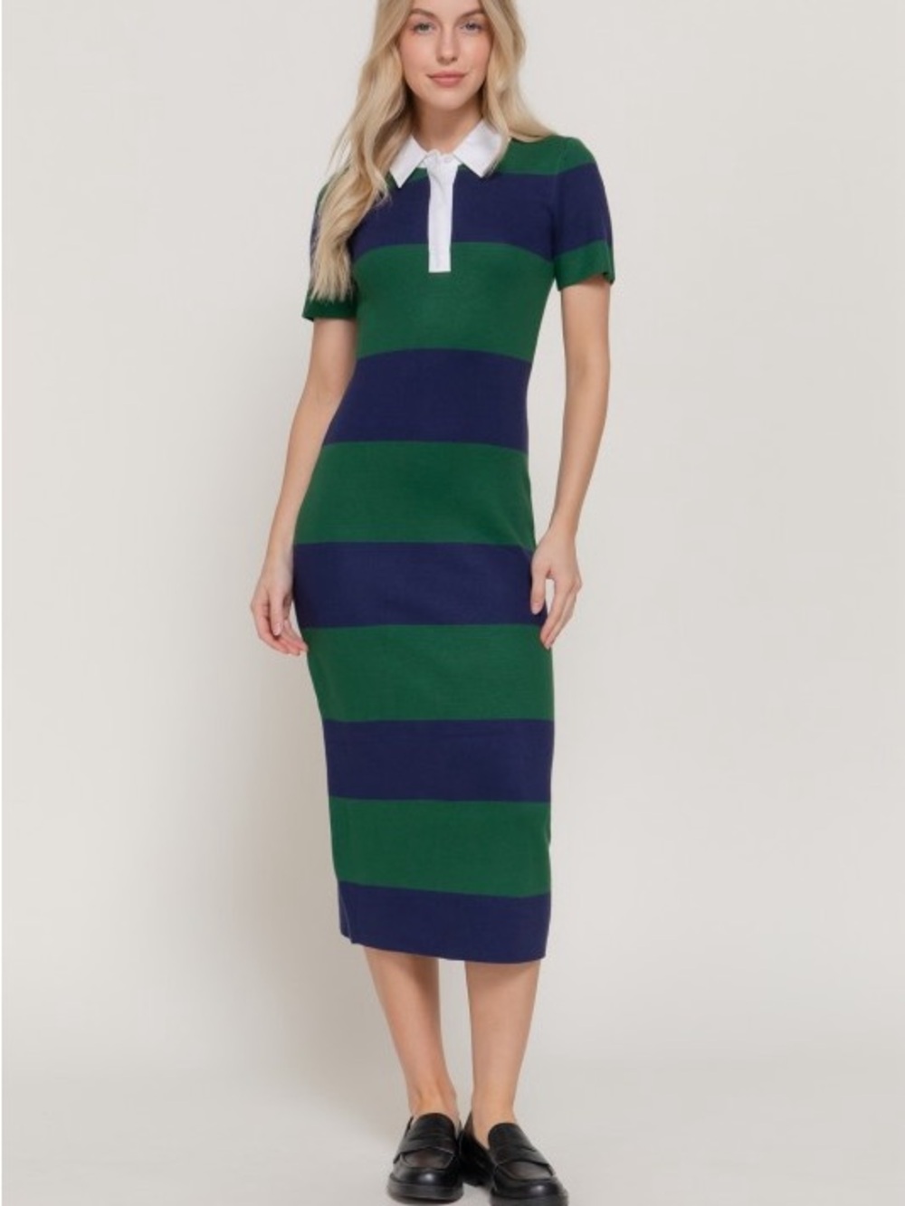 The Sporty Classic Wide Striped Short Sleeve Knit Collared Polo Midi Dress